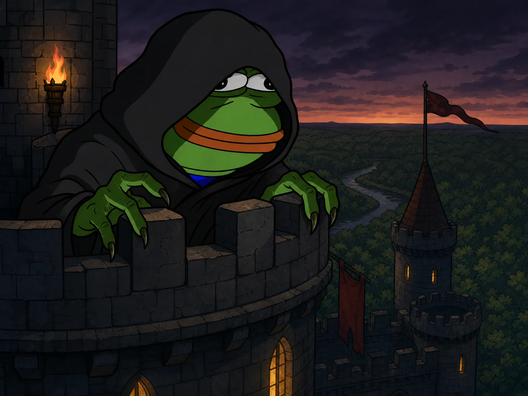 hepe looming over the battlements of his castle at dusk