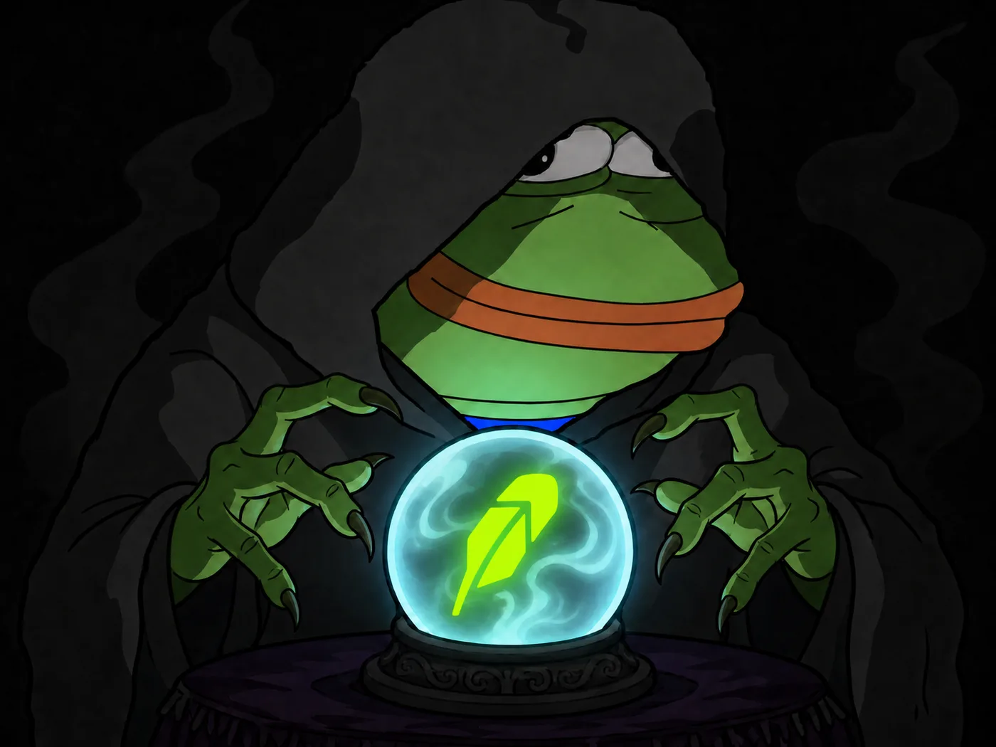 a hooded frog scrying a glowing feather in a crystal ball